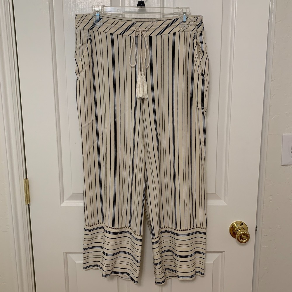 Cropped wide leg striped pants elastic waist drawstring - Picture 2 of 6